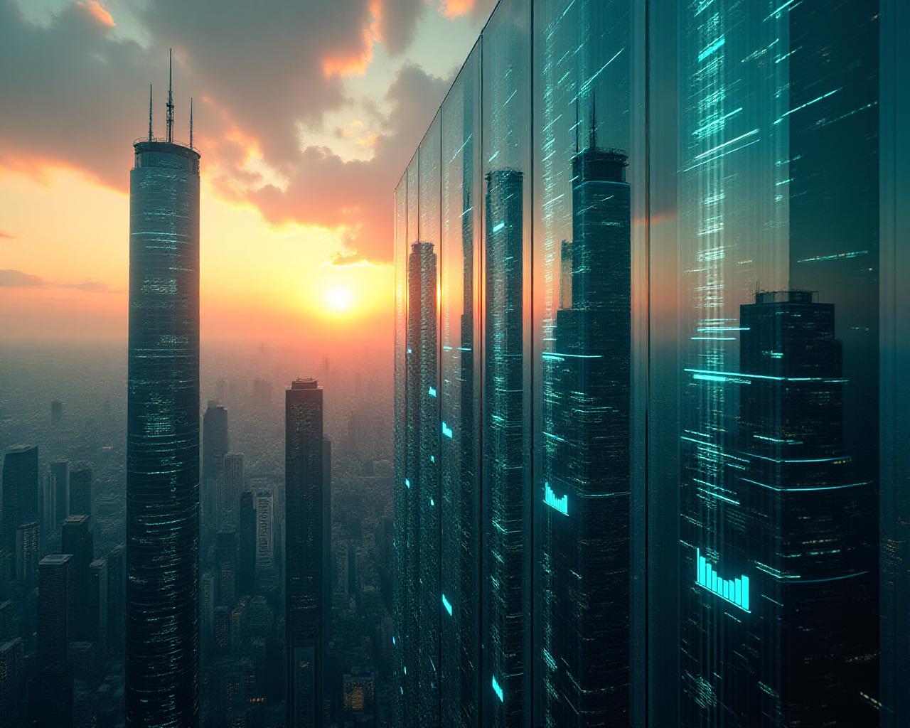 Futuristic sustainable cityscape with data overlays